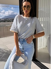 billige Plain t-skjorte-Bluse Dame Hvit Rosa Rød Stribe Printer Daglig Elegant Rund Normal S