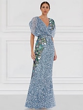 billige GRØNN-Grønn Kolonne Kveldsdrakt Brodert Elegant Kjole Formell Bryllup Gulvlengde Kortermet Juvel Hals Pailletter med Glitrende