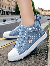 abordables Baskets femme-baskets montantes en toile à pois pour femmes – chaussures décontractées en denim à lacets avec charme floral, streetwear élégant pour un usage quotidien et en voyage