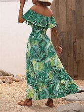preiswerte Blumenkleider-Damen Midi Kleid Korsett Kleid Rüschens Kleid Off-the-Shoulder Kleid Urlaub Strand Urlaub Täglicher Regular Fit Grafik Kurzarm Off-Shoulder Gelb Hellgrün Himmelblau Orange Sommer