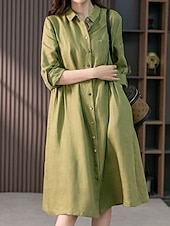 cheap Work Dresses-Women&#039;s Midi Dress Casual Dress Cotton Linen Dress A Line Dress Basic Casual Vacation Daily Regular Fit Plain 3/4 Length Sleeve Shirt Collar Pink Green Summer Spring Fall