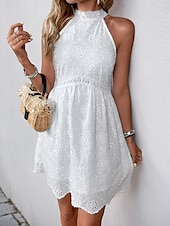 preiswerte Weiße Spitzenkleider-Damen Minikleid Weißes Kleid Freizeitkleid Boho-Kleid Basic Lässig Urlaub Täglich Normale Passform Einfach Ärmellos Neckholder Weiß Sommer