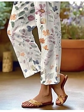 ieftine pantaloni cu picior drept-Pantaloni din bumbac și in pentru femei pantaloni baggy asemănători cu in modă stradală lungime completă talie înaltă imprimeu floral grafic termic cald respirabil moale micro-elastic exterior zilnic