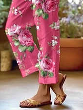 baratos Calças de perna reta-Calças de Algodão e Linho Femininas Calças Largas Estilo Linho Moda Estilo de Rua Comprimento Total Cintura Alta Estampas Gráficas Florais Térmicas Quentes Respirável Macio Microelástico Para o Dia a