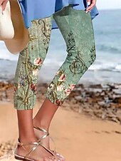 ieftine imprimare florală-Pantaloni legging Capri pentru femei elasticitate ridicată modă streetwear lungime până la gambă talie înaltă imprimare grafică a plantelor respirabil moale pentru exterior zilnic verde vară