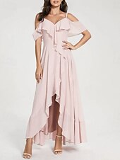 cheap Bridesmaid Dresses-A-Line Bridesmaid Dress V Neck / Spaghetti Strap Short Sleeve Elegant Asymmetrical Chiffon with Split Front / Ruching