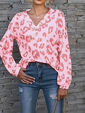 billige Kvinne Grafiske Topper-Dame T skjorte Leopard Mote Moderne Fritid Langermet V-hals Vanlige topper Daglig Helg Hvit Rosa Blå Brun Vår Høst