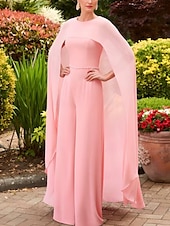abordables Combinaisons pour maman-Jumpsuit colonne rose bleu formel mère de la mariée mariage élégant vintage col bijou longueur au sol chiffon extensible manches courtes avec ceinture  ruban robe de jour de course