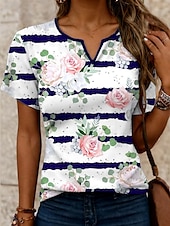 billige Stripe og geometrisk t-skjorte-Dame T skjorte Blomstret Stripet Fritid Kortermet Hals med hakk Vanlige topper Daglig Trykt mønster Navyblå Sommer Vår