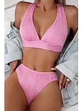 billiga Bikiniset-Dam Badkläder Bikini 2 st Kaxig Baddräkt Öppen rygg Smal Semester Standkläder Ensfärgat V-hals Ärmlös Baddräkter