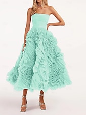 cheap Prom Dresses-Beach Wedding A-Line Prom Dresses Floral Dress Wedding Guest Quinceanera Ankle Length Sleeveless Strapless Tulle Backless with Ruched 2025