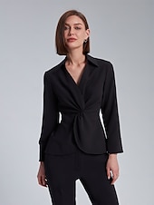 billige Kvinne Enkle Topper-Dame Dresskjorter Arbeidsskjorter Helfarge Formell Kontor Fritid / hverdag Kjegle Erme Svart Hvit Dreie blusset krage skjorter Langermet Elegant Mote Fritid hverdag Krage Vår
