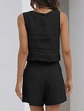 preiswerte Sets-Damen Mode Streetwear Hemd Baumwoll-Leinen-Sets Zweiteilige Sets Leinenhosen Baggy-Shorts Ärmellos Quadrathals Einfarbig Alltagskleidung Date Schwarz Braun Khaki Sommer Normale Passform