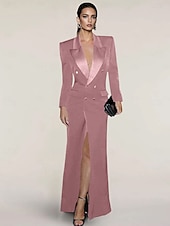 cheap Floor Length-Blazer Dress Mermaid / Trumpet Evening Gown Elegant Dress Pinstripe Tuxedo Dress Zipper Up Wedding Guest Formal Floor Length Long Sleeve Peak lapel collar Satin with Pocket 2025