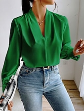 billige Kvinne Enkle Topper-Dame Skjorte Bluse Helfarge Stilfull Fritid Langermet V-hals Vanlige topper Daglig Knapper Lomme Svart Hvit Gul Blå Grønn Sommer Vår