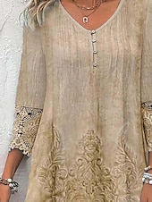 cheap Casual Dress-Women&#039;s Casual Dress Boho Lace Detail V-neck Three Quarter Sleeve Vintage Pattern Relaxed Fit Beige Tan Linen Blend Spring Autumn Regular Size Outdoor Daywear