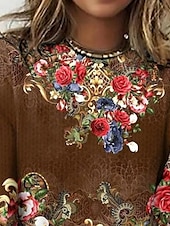 billige Blomster t-skjorte-Dame T skjorte Blomstret Grafisk Fritid Langermet Crew-hals Vanlige topper Daglig Trykt mønster Brun Vår Høst