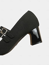 cheap Block Heels-Breathable Fly-knit Mary Jane Pumps with Double Buckle Detail and Chunky Heel, Elegant Style for Women, Ideal for Work, Events and Formal Occasions