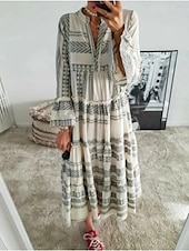cheap Stripe&amp;Geometric Dress-Women&#039;s Maxi Dress T Shirt Dress Tee Dress Sundress Ruffle Dress Fit And Flare Dress Vacation Vacation Daily Regular Fit Graphic Long Sleeve V Neck Red Gray Summer