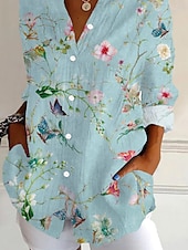 preiswerte Blumenoberteile-Damenhemd Langarm Button-Down-Bluse Blumen Grafik Täglich Stylisch Retro Vintage 3/4-Länge Ärmel Hemd Kragen Reguläre Oberteile Täglich Urlaub Ausgehen Knopf Druck Hellblau Sommer Frühling