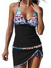 billiga Tankinis-Dam Badkläder Tankini 2 st Kjol Baddräkt Öppen rygg Hög midja Semester Standkläder Blommig Leopard V-hals Ärmlös Baddräkter