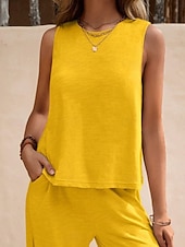 cheap Sets-Women's Shirt Linen-feel Set Two Piece Sets Wide Leg Pants Sleeveless Crew Neck Plain Fashion Streetwear Daily Casual Daily Black Yellow Army Green Summer Regular Fit