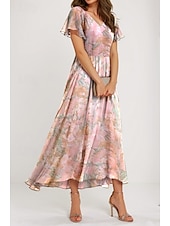 ieftine Rochii florale-Pentru femei Rochie Maxi Rochie A line Elegant Zilnic Dată Fit regulat Floral Manșon scurt În V Roz Îmbujorat Vară
