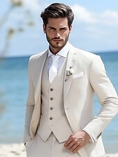 economico Costumi da spiaggia-Uomo Matrimonio in Spiaggia Completi in Lino Beige Moda Formale Tinta unita Vestibilità standard 3 pezzi Monopetto Due Bottoni