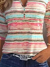 billige Stripe og geometrisk t-skjorte-Dame T skjorte Stripet Fritid Langermet Hals med hakk Vanlige topper Daglig Trykt mønster Rosa Vår Høst