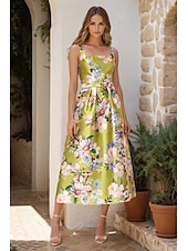 baratos Vestidos de Cocktail-Vestidos de Coquetel em A Vestido Elegante Formal Festa de Noite Comprimento Chá Sem Mangas Decote Quadrado Bolso Cetim com Estampa Floral Vestido para Convidada de Casamento