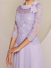 abordables Longueur du plancher-Robe Mère de la Mariée Ajustée  Colonne Invité de Mariage Fête Douce Col Scoop Longueur Thé Chiffon Dentelle Manches 3/4 Avec Plis Perles 2025 taille personnalisée gratuite