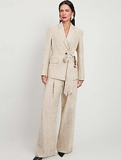 billige Mammas buksedresser-Linstoff Blended Buksedress Mor til Bruden Blazer Sett Elegant Vintage Enkel Notch Krage Gulvlengde Lang Erm med Sløyfer Knapper