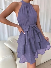 olcso Egyszerű ruha-Női Mini Ruha Hétköznapi Ruha A Vonallal Fit And Flare Ruha Alap Hétköznapi Szabadság Napi Rendszeres Illeszkedés Grafikus Ujjatlan Halter Nyak Fekete Piros Kék Lila Nyár