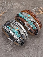baratos Pulseira Feminina-Pulseira magnética de couro boho e turquesa - design ajustável em várias camadas com penas e pedras preciosas, perfeita para estilos casuais, de verão e festivais