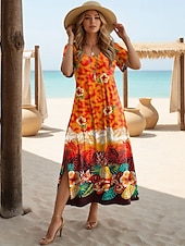 abordables Robe Fleurie-Robe Maxi Femme Manches Longues Robe Boho Élégante Vintage Manches Papillon Vacances Plage Régulière Florale Graphique Vintage Manches Courtes Col Ras du Cou Orange Été