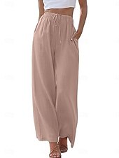 baratos Calça-Mulheres Atrevido Calças de linho de algodão chinês Moda Básico Comprimento total Cintura Média Tecido Bolsos Com Cordão Conforto Exterior Micro-Elástica Férias Rua Diário Adamascado Cinzento Escuro