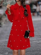cheap Plain Dress-Women&#039;s Mini Dress Work Dresses Party Semi Formal Party Work Regular Fit Graphic Long Sleeve High Neck Black Red Summer Spring Fall