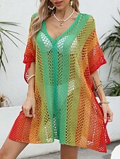 abordables Robes de plage-Maillots de Bain Femme Couverture Robe de Bain Maillot de Bain Découpe Vacances Plage Vêtements Ombre Col en V Manches Longues Maillots de Bain