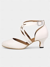 economico Scarpe per balli latini-scarpe da ballo in raso bianco con design a cinturino incrociato – tacco medio, punta aperta per donna – ideali per matrimoni, eventi formali e gare di ballo