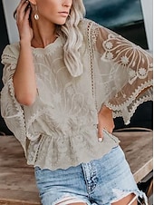 economico Top eleganti-Per donna Camicia Camicia in pizzo Top con cuciture in pizzo Blusa Tinta unica Elegante Moda Informale Mezza manica Maniche ad aletta Girocollo Top regolari Invitati del matrimonio Giornaliero Per