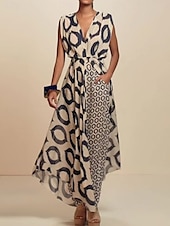 ieftine Costume de bluză de damă-Pentru femei Set de rochii Rochie casual Set fuste Casual Geometric Zdrobit Buzunar Rochie Maxi Fără manșon Guler de stand În aer liber Zilnic Negru Vară Primăvară Fit regulat