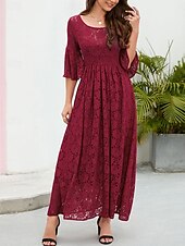 tanie Formalne zimowe-Damskie Sukienka midi Koronkowa sukienka Sukienka maxi Sukienka A line Elegancja Elegancki Codzienny Rozkloszowany rękaw Urlop Impreza Codzienny Regularny Równina Krótki rękaw Półgolf Czarny Wino