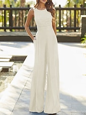 billiga Mammas jumpsuits-Byxor Evening Gown Elegant Prom Födelsedag Golvlängd Ärmlös Juvelhals Höst Bröllopsgäst Stretch Chiffong med Korsande Ren Färg gratis skräddarsydd storlek