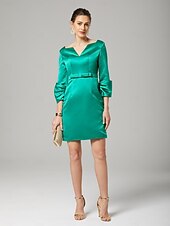 cheap Cocktail Dresses-Sheath / Column Cocktail Dresses Elegant Dress Formal Wedding Guest Knee Length 3/4 Length Sleeve V Neck Satin with Bow(s) Dresses