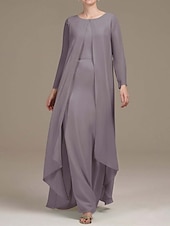 preiswerte Mit Jacke-Zweiteiliges Kleid Mutter der Braut Elegant Vintage Einfach Rundhals Bodenlänge Chiffon Langarm Jackenkleider mit einfarbig