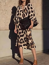 cheap Art&amp;Design Dress-Women&#039;s Midi Dress Shift Dress Summer Dress Puff Sleeve Dress Casual Vacation Daily Regular Fit Leopard Short Sleeve V Neck Leopard Summer