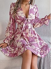 cheap Casual Floral Dresses-Ramadan Women&#039;s Normal Mini Dress Boho Chic Dresses Boho Dress Cami Dress Off The Shoulder Dress Bohemia Stylish Sexy Puff Sleeve Vacation Party Birthday Form Fit Floral Graphic Long Sleeve Plunging