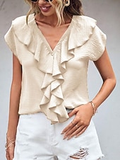 preiswerte Damen Einfache Oberteile-Damen Hemd Bluse Feste Farbe Elegant Täglich Stilvoll Kurzarm Fledermaus Ärmel V Ausschnitt Normale Oberteile Arbeit Täglich Abendgesellschaft Knopf Orange Grün Beige Sommer Frühling