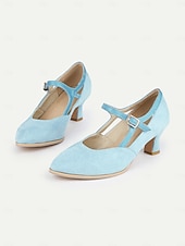 abordables Zapatos Mary Jane-Zapatos Mary Jane vintage azules con tiras en T para mujer: zapatos de tacón medio de gamuza con cierre de hebilla para uso retro, formal y diario