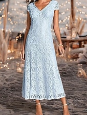 baratos Comprimento do chão-Linha A Vestido Para Mãe dos Noivos Convidado do casamento Tamanhos Grandes Decote V Até o Tornozelo Renda Manga Curta com Pregas 2025